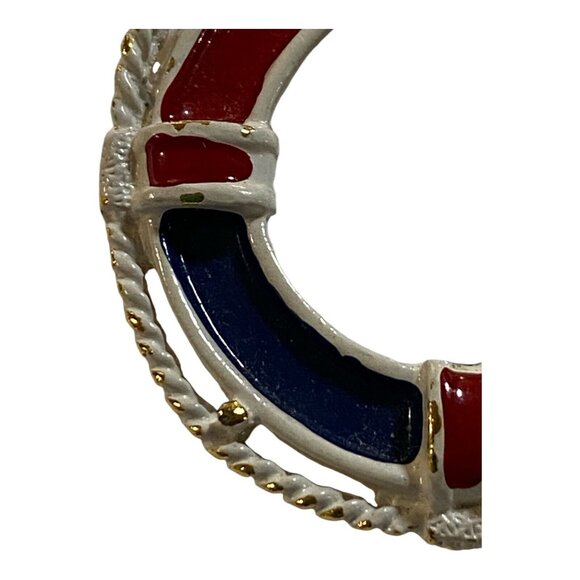 Vtg Nautical Life Preserver Beach Brooch Red White Blue Gold Tone Enamel Pin - Picture 10 of 11